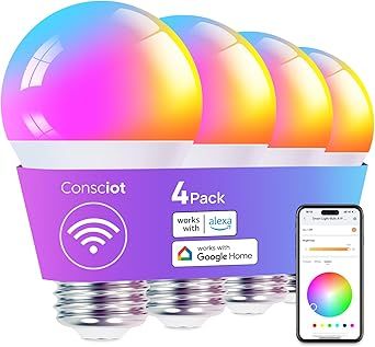 Consciot Smart Light Bulbs, WiFi Color Changing Light Bulb, LED Light Bulb That Compatible with Alexa & Google Home, A19 E26 Smart Bulb 60 watt Equivalent, Music Sync, Dimmable Smart LED Bulb, 4 Pack