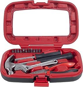 15-Piece Tool Set - Household Tool Kit with Hammer, Multi-Bit Screwdriver Set, Pliers, Wrench- Tools and Equipment for DIY Projects by Stalwart (Red)